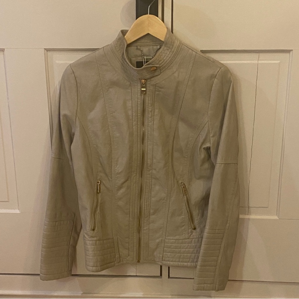 New Chic Beige Faux Leather Motorcycle Jacket with Gold Accents